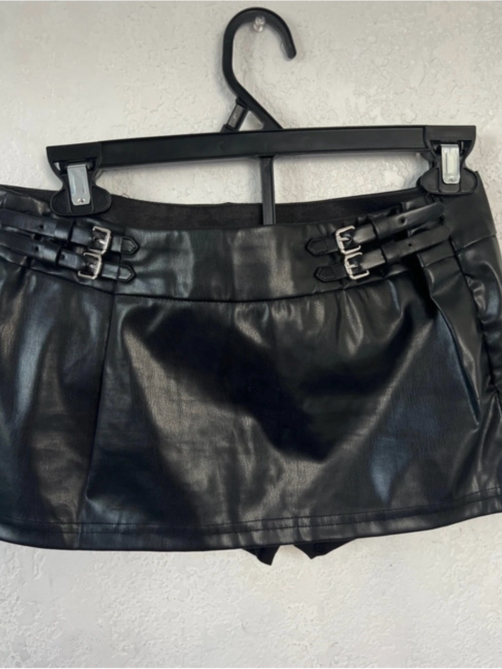 Faux Leather Black Mini Skort with Double Buckle Trim